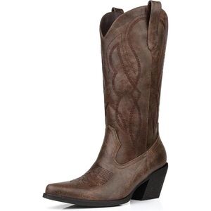 Women Brown Wide Calf Rhinestones Pointed Toe Chunky Heel Embroidered Boots